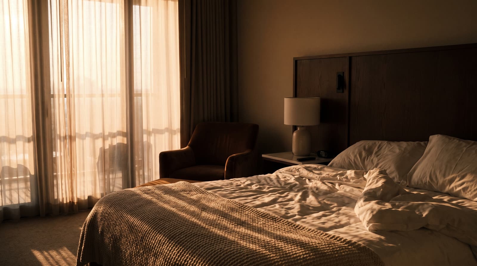Dawn light crossing crisp linen in a quiet luxury suite, two-thirds of the frame held in shadow